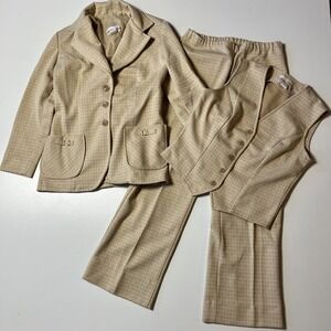 Vtg Pins & Needles 3-Piece Polyester Pant Suit Size 9-10 Beige Windowpane Plaid